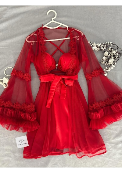 Mh Moony Homewears Ultra Lüks Kutulu Nesal Kırmızı Saten Gecelik Tül Sabahlık Seti Kırmızı