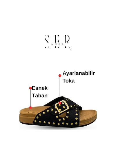 Sermoda Troklu Kadın Terlik - Tokalı Troklu Rahat Ve Esnek Taban Kadın Terlik Siyah