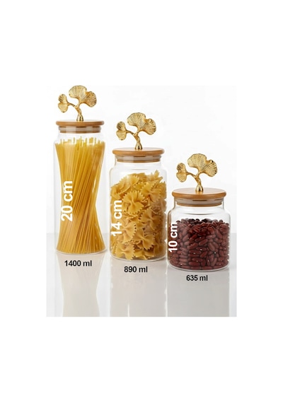 3'lü Bambu Kapaklı Metal Ginkgo Figürlü Şeffaf Cam Kavanoz Şeffaf Cam Saklama Kabı 635/890/1400ml Şeffaf