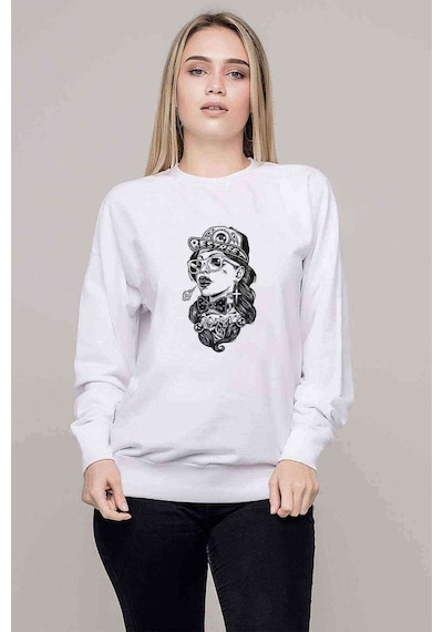 Gamblıng Rose Girl Baskılı Beyaz Kadın Sweatshirt