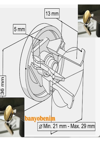 Pop Up Sifon Taşma Delikli Porselen Kafa Gold Renk Sifon Ve Gold Renk Lavabo Yüzüğü Lavabo Sifonu