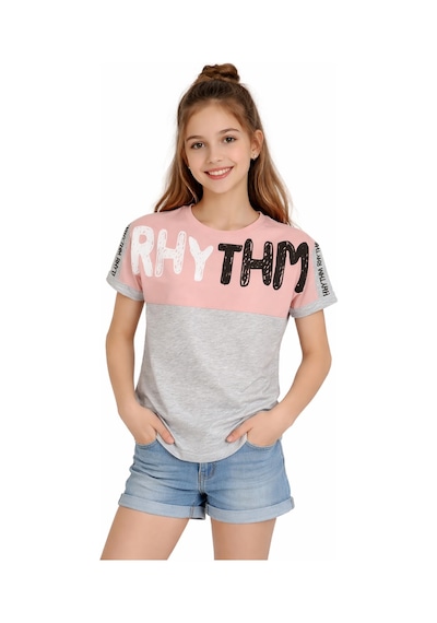 İrem Çocuk Giyim Kız Çocuk Rhythm Yazı Desenli Pudra Renk Kısa Kol Tişört Pembe