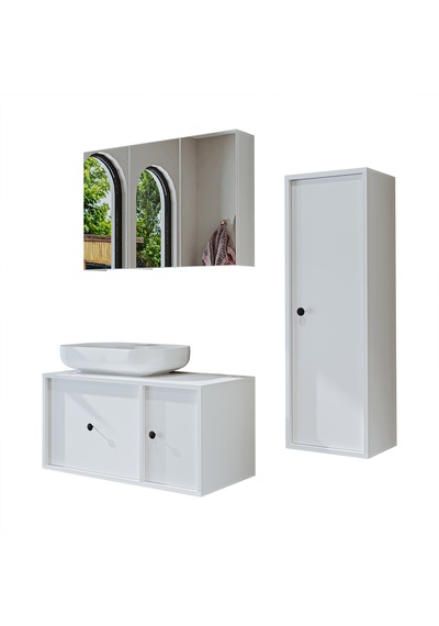 Oval Lavabolu Mat Mdf 90 Cm Banyo Dolabı + Aynalı Dolap Beyaz Mat Beyaz