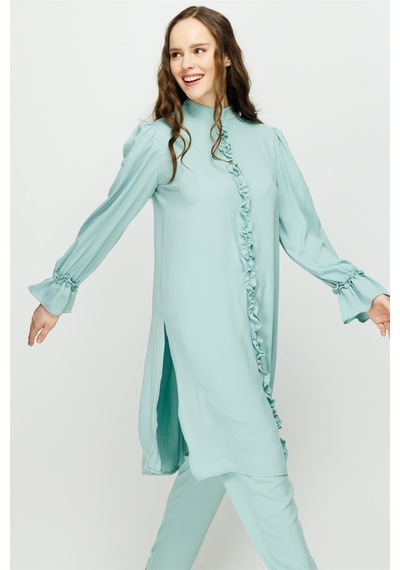 Esswaap Önü Ve Koları Büzdürme Detaylı Pantolon Tunik Takım Mint-mint Mint Yeşili