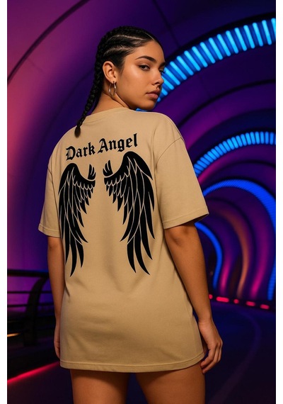 Dark Angel Baskılı Oversize T-shirt Bej