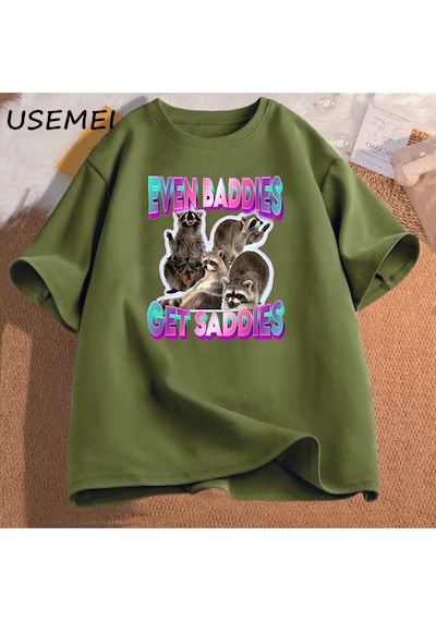 Flood Of Style Erkek Pamuk T-shirt Bile Baddies Olsun Saddies Rakun Komik Garip Belirli Meme Grafik Baskılı Yeşil