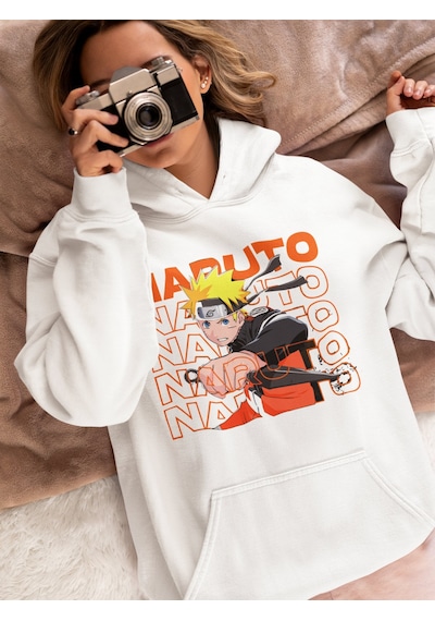 Sevbano Naruto Uzumaki Baskılı Unisex Oversize Naruto Anime Karakter Hood beyaz
