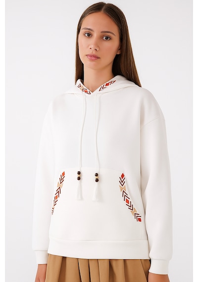 Bigdart Kadın Kapşonlu Şardonlu Nakışlı Üç İplik Beyaz Kadın Sweatshirt Beyaz