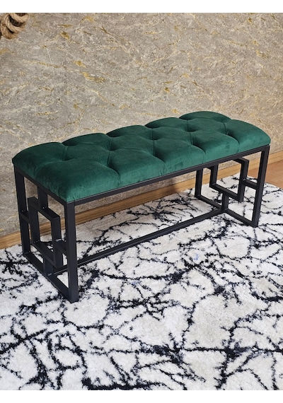 Zafir Siyah Boyalı İçi Kareli Diktörtgen 100 Cm X 40 Cm Oturak Puf - Bench - Makyaj Oturağı - Oturak Yeşil