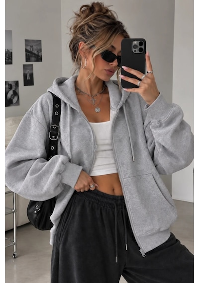 Cool Tarz Kadın Oversize Kapüşonlu Fermuarlı Sweatshirt 3 İplik Şardonlu Cepli Gri Gri