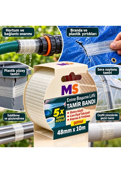 Enine Boyuna Lifli Şeffaf Tamir Bandı 48mm X 10 Metre 5 Kat Daha Güçlü Metal Plastik Yırtılmaz Bantı