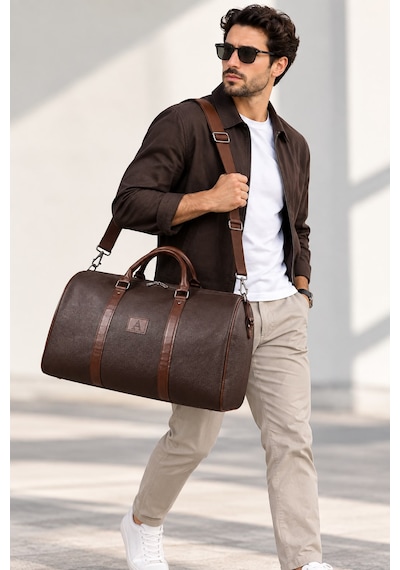 Klasik Vegan Deri Unisex Seyahat Spor Hastane El Ve Omuz Çantası Kabin Boy El Valizi Hostes Bavulu 45x30x28 Cm Acı Kahverengi
