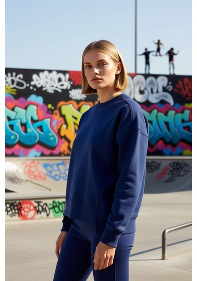 Benerly Kadın Bisiklet Yaka Düşük Kol %100 Pamuk Sweatshirt Fonksiyonel D Lacivert