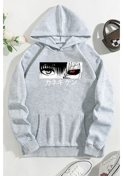 Uyguntarz Unisex Ken Kaneki Baskılı Kapüşonlu Sweatshirt Gri