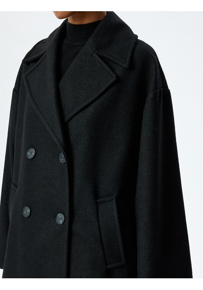 Koton Cepli Düğmeli Kruvaze Oversize Kaşe Kaban Siyah 5wak00429ew