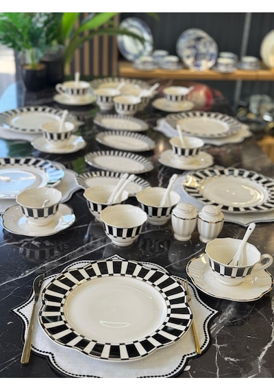 42 Parça Black Piyano Porselen Kahvaltı Takımı-4811 Siyah