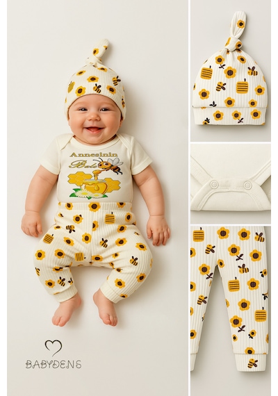 Babyden's 3 Lü Yenidoğan Takım, Annesinin Balı Baskılı Kısa Kol Body Arı Çiçek Desenli Pantolon Bere Ekru