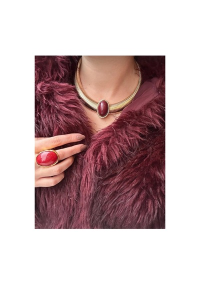 Lunarie Kalın Choker Kolye 14k Gold İri Oval Bordo Taşlı Vintage Altın