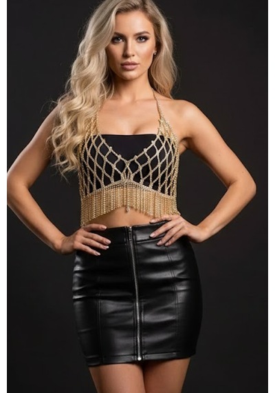Caş Dekorasyon Altın Renk Taşlı Bikini Üstü Bralet/ Vücut Aksesuarı Altın