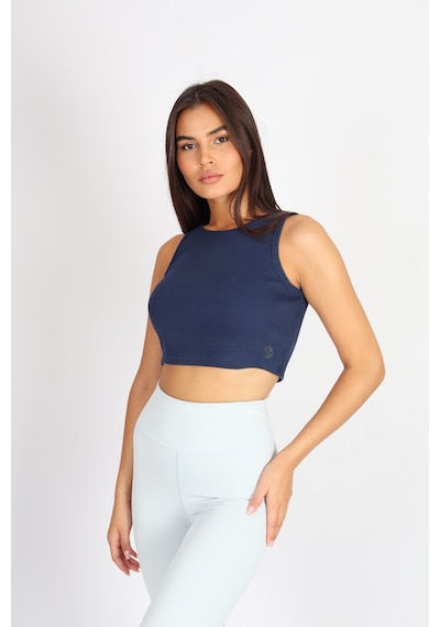 Soft&Basic Kadın İndigo Basic Halter Yaka Esnek Biyeli Kaşkorse Kumaş Crop Top Body Atlet İndigo