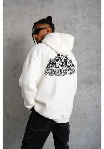 Erkek Nihilist Penguen Temalı Oversize Kapüşonlu Sweatshirt - Beyaz Beyaz