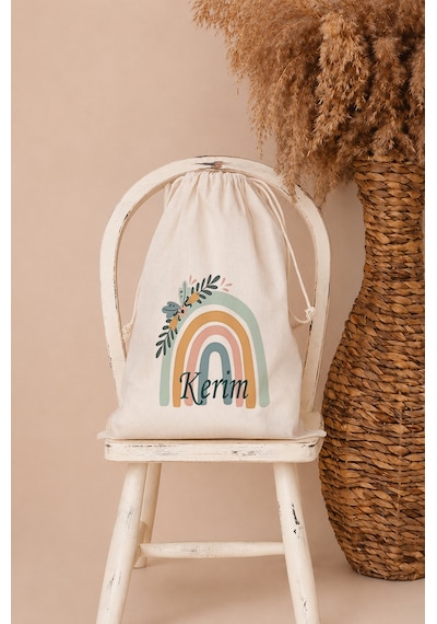İsme Özel Erkek Bebek Çocuk Kıyafet Kesesi 30x40 Cm %100 Pamuk Ham Bez İsim Baskılı Yıkanabilir Kişiye Özel Kese 1074kk Ekru