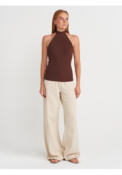 Dilvin 10798 Halter Bağlamalı Yaka Fitilli Triko Bluz-kahve Kahve