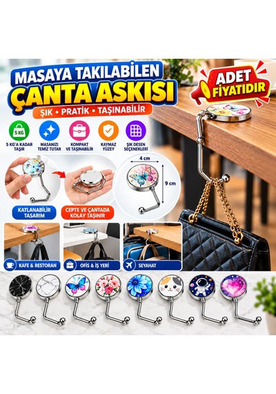 Masaya Takılabilen Çanta Askısı Çanta Tipi Pratik Metal Çanta Kanca Beyaz - Çok Renkli