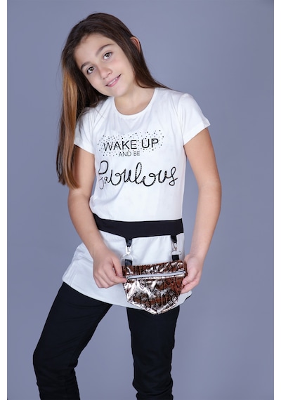 Toontoy Kids Toontoy Kız Çocuk T-shirt Önü Çantalı Beyaz