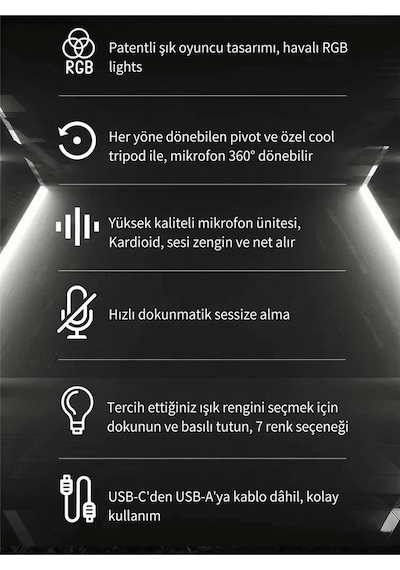 Podcast Yayıncı Mikrofonu Tak Çalıştır 7 Renk Rgb Işıklı Gürültü Engelleyici Kardioid Alıcı Mikrofon