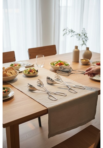 Akayev Aurea 3lü Premium Pasta Salata Makarna Maşa Takımı Gümüş