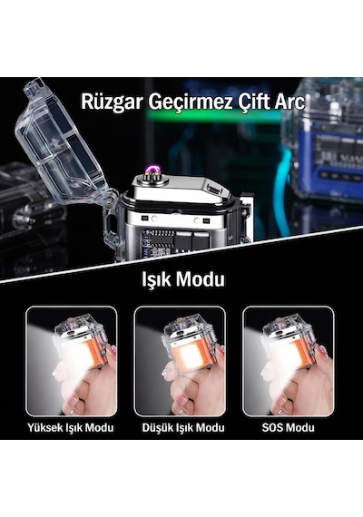 Valkyrie Ip56 Su Geçirmez Çift Arc Elektrikli Çakmak Type-c Şarjlı Işıklı & Güç Göstergeli Siyah