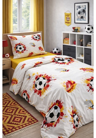 %100 Pamuklu Tek Kişilik Taraftar Nevresim Takımı 160x220 Lastikli Çarşaf 120x200+30 Çok Renkli