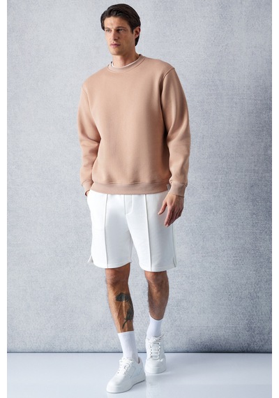 Grimelange Travıs Erkek Organik Kumaşlı Yumuşacık Regular Fit Yuvarlak Yakalı Bej Sweatshirt Bej