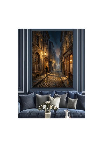 Gece Yarısı Dar Şehir Sokağı Yağlı Boya Dokulu Kanvas Tablo Canvas Tablosu