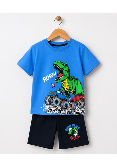 Durukoza Erkek Çocuk Dinozor Baskılı Şortlu Takım Pamuk Yazlık 4-8 Yaş Mavi
