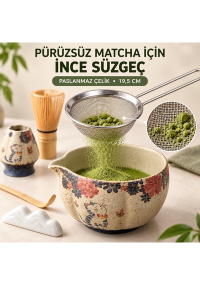 Valkyrie Kedili 6 Parça Matcha Seti Chasen Çırpıcı Chawan Kase Chashaku Kaşık Stand Ve Süzgeç Krem