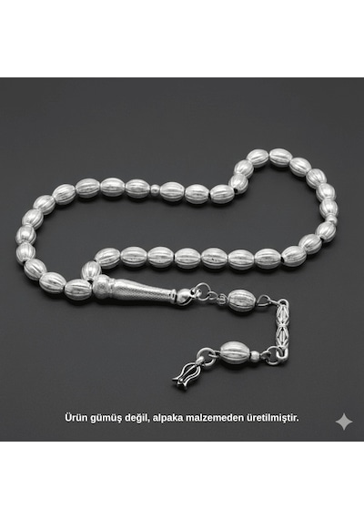 Tesbihname Kalem İşçilikli Lale Püsküllü Küre Kesim Gümüş Renk Alpaka Tesbih