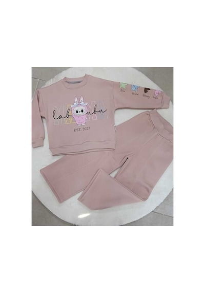 Bubiee Baby Labubu Karekterli Kız Çocuğu 3 İp Şardonlu Alt Üst Takım Pembe