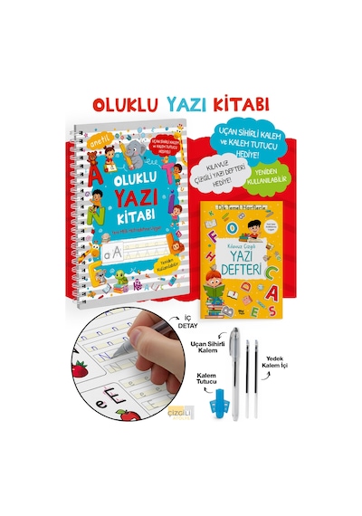 Oluklu Yazı Kitabı - Sihirli Kalem Seti - Kabartmalı Yeniden Kullanılabilir Yazma Öğrenme Kitabı