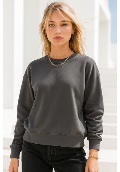 Kadın Füme Pamuklu İnterlock Oversize Sweatshirt Füme