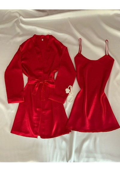 Mh Moony Homewears 2'li Saten Kırmızı Gecelik Sabahlık Seti Kırmızı Renk