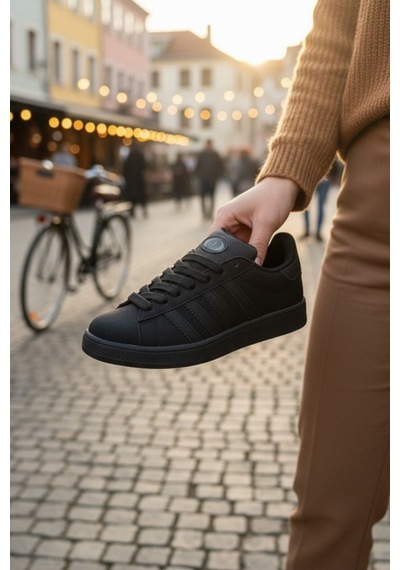 Enoch Erkek Günlük Spor Ayakkabı Düz Tabanlı Sneaker Tırtıklı 3 Şeritli Retro Model Siyah