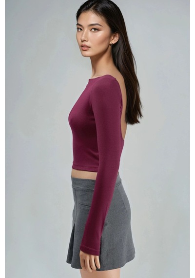 Hiccup Busem Sırt Dekolteli Slim Fit Kısa Bluz Bordo Kırmızı