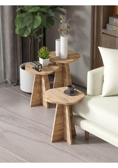 Zigon Sehpa Dekoratif 3 Lü Çok Amaçlı Yan Sehpa Çiçek Formlu Atlantik Çam Kahverengi