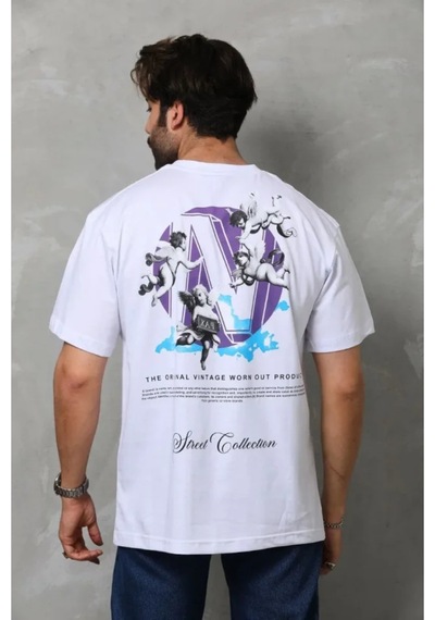Butik İstanbul Unisex Bisiklet Yaka Baskılı Oversize T-shirt - Beyaz