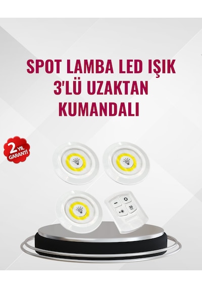3 Lü Pilli Kablosuz Led Spot Lamba Seti Kumandalı Kolay Montaj Aydınlatma - Lisinya Sarı