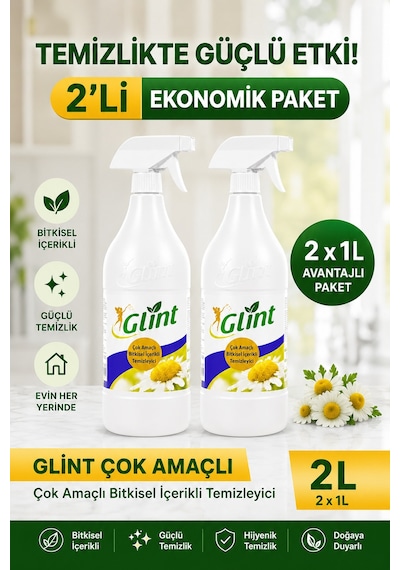 Glint Bitkisel İçerikli Sprey Günlük Yüzey Temizleyici 1 Lt X 2 Adet 2'li Set