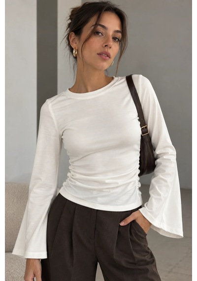 Bb Butik Basic Yan Büzgülü İspanyol Kol Basic Kadın Bluz My3535 Beyaz