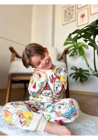 Erkek Çocuk Pamuklu Pijama Takımı Bej